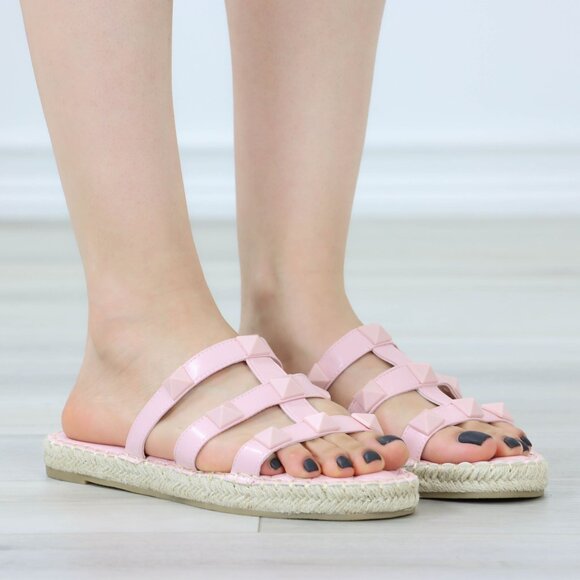 Light Pink Studded Espadrille Sandals Strappy Gladiator Style Casual Shoe - Picture 5 of 15